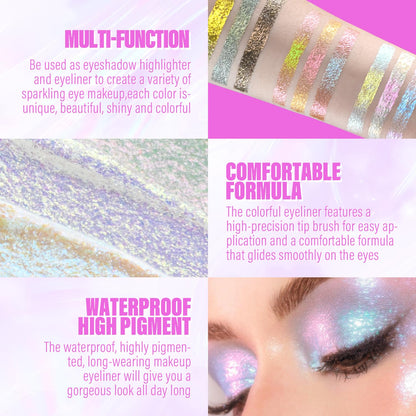 JUR MORNIER Multichrome Liquid Eyeshadow Set,3 Colors Multi-Dimensional Fairy Makeup,High Pigment Waterproof Aurora Eye Shadow,Ultre Fine Tip Glitter Eyeliner (01 Aurora+02 Twilight+03 Moonbow)