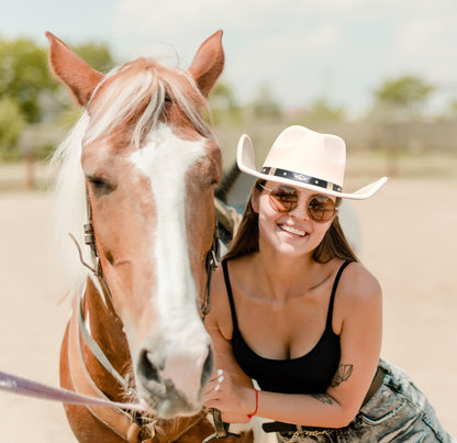 Lanzom Women Men Classic Felt Wide Brim Western Cowboy Cowgirl Hat with Belt Buckle(Medium-Large,Black)