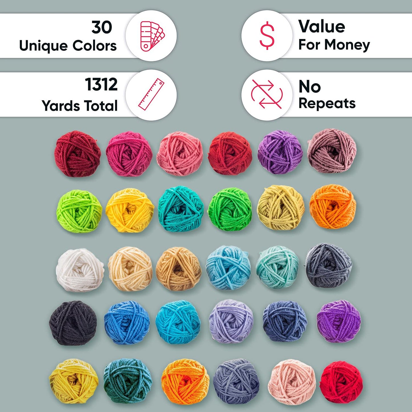 CRAFTISS 30x0.7Oz Acrylic Yarn Mini Skeins - 1300 Yards of Soft Yarn for Crocheting and Knitting Craft Project, Assorted Starter Crochet Bulk Kit for Adults and Kids