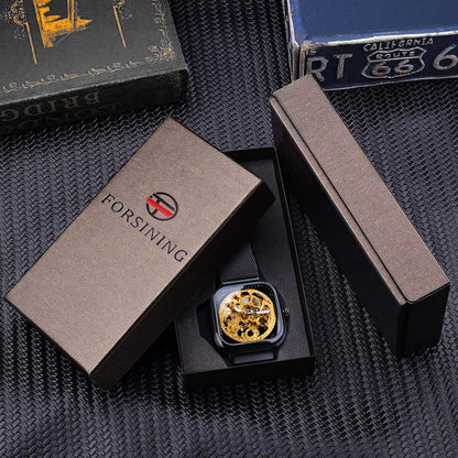 FORSINING Square Automatic Watches Mechanical Wrist Watch Black for Mens Skeleton Watches with Stainless Steel Transparent Dial with Royal Flower Movement Carving