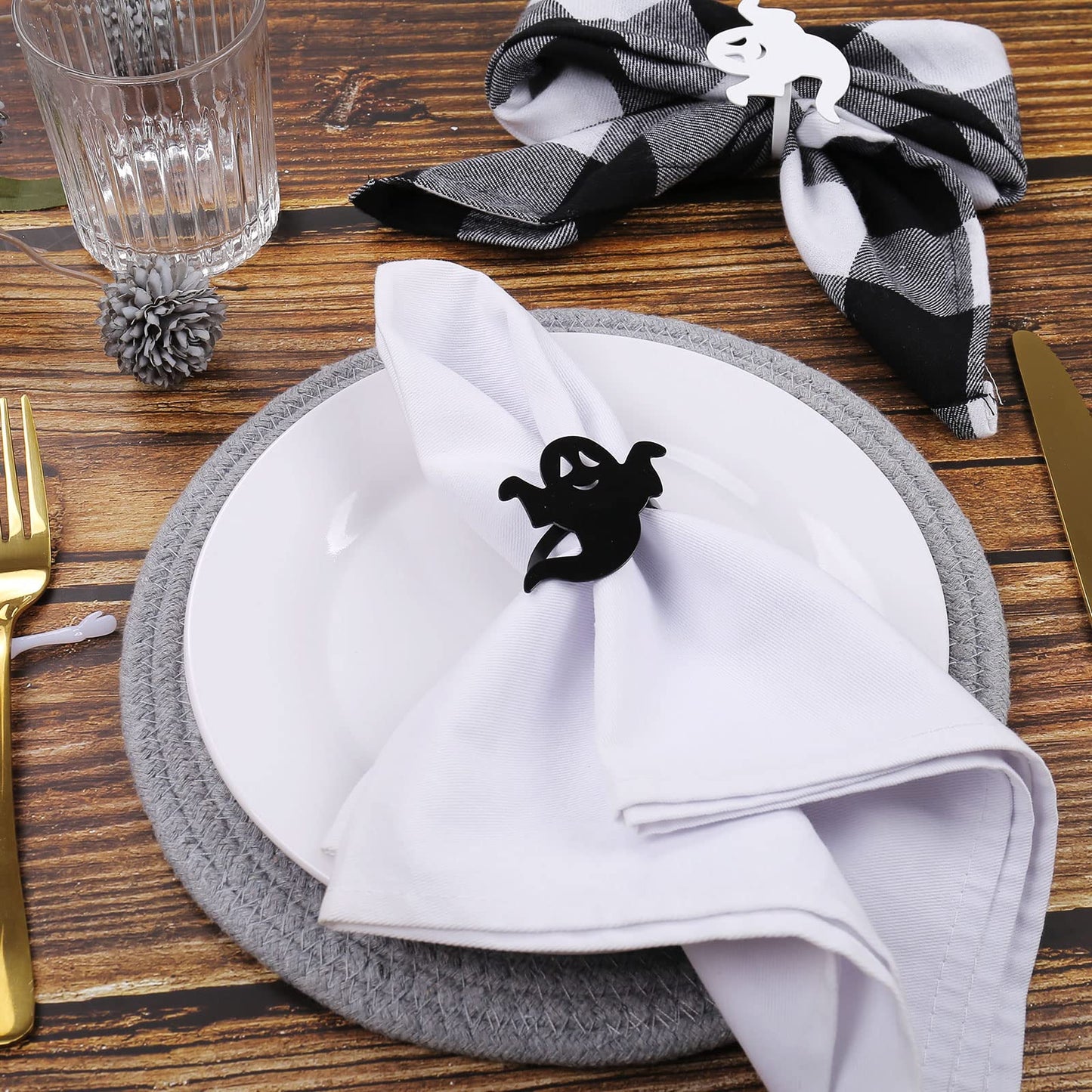 Ghost Napkin Rings Set of 12, White and Black Ghost Napkin Buckle for Halloween Holiday Birthday Party Decoration