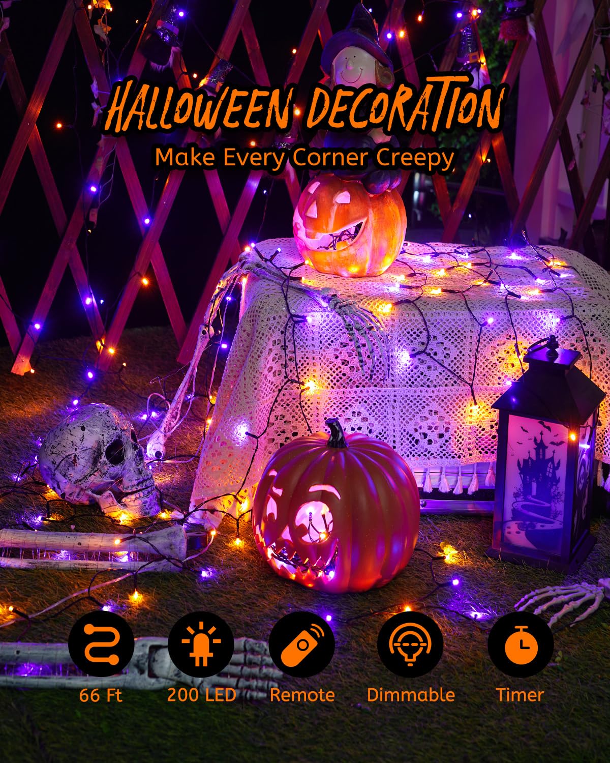 66FT Purple & Orange Halloween Lights Outdoor, 200 LED Halloween String Lights with 8 Modes, Plug in Orange Purple Hanging Twinkle Waterproof Light for Party Garden Bedroom Decorations