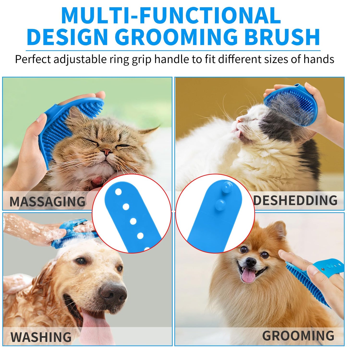 Comotech 3PCS Dog Bath Brush | Dog Shampoo Brush | Dog Scrubber for Bath | Dog Bath Brush Scrubber | Dog Shower/Washing Brush with Adjustable Ring Handle for Short & Long Hair (Blue Blue Blue)