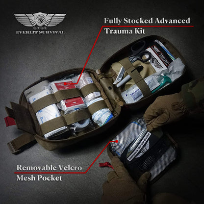 EVERLIT Advanced Emergency Trauma Kit, CAT GEN-7 Tourniquet Mil-Spec Nylon Laser Cut Pouch with 36" Splint, Military Combat Tactical IFAK for First Aid Response Bleeding Control (Coyote Brown)