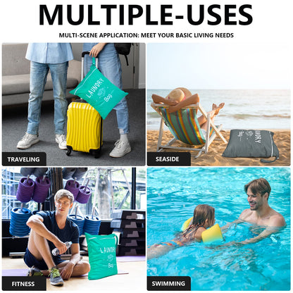 2 Pcs Large Travel Laundry Bags - Waterproof Wet/Dry, Washable, Drawstring, Bathing Suit, Workout, Gym Clothes, Swimming, Yoga - Green, Grey