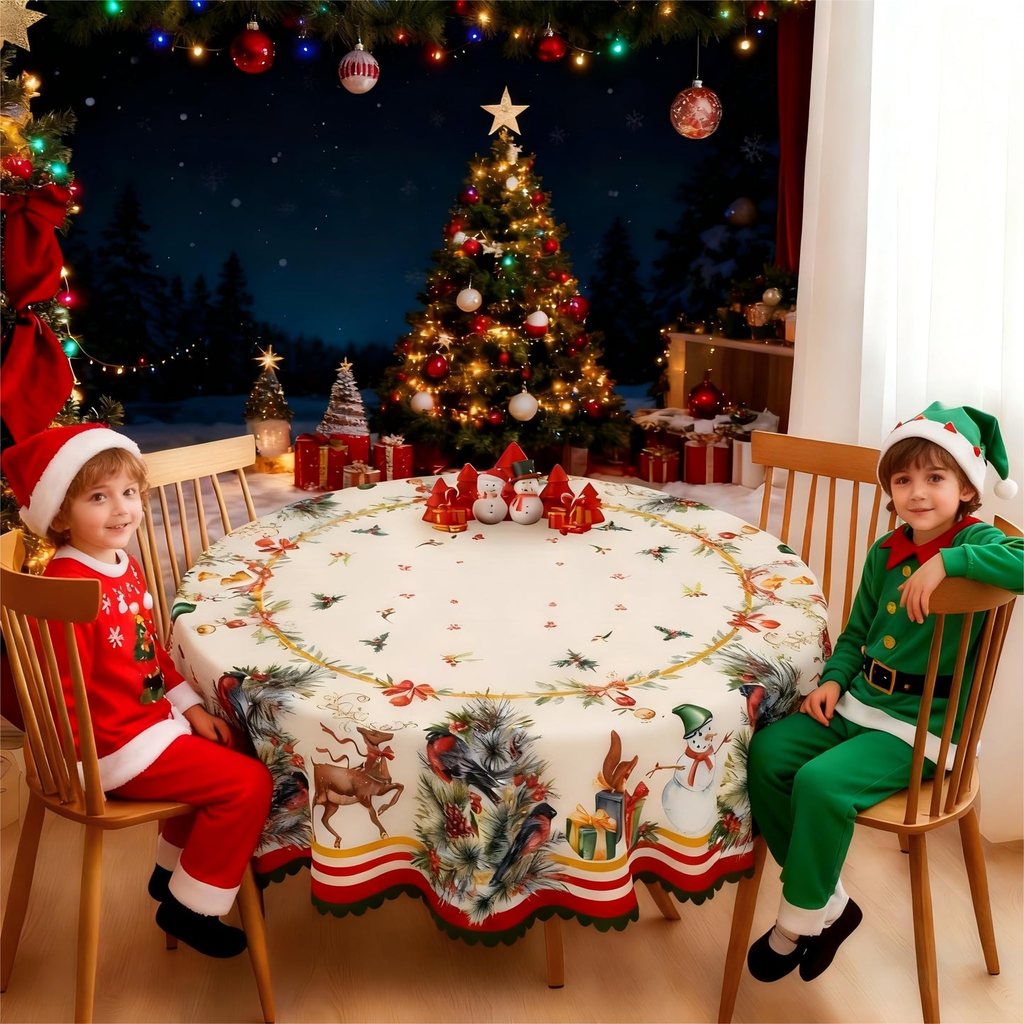 Eikione Christmas Round 60In Tablecloth Polyester Waterproof Stain Wrinkle Free, Christmas Reindeer Table Cover for Home Kitchen Dining Party