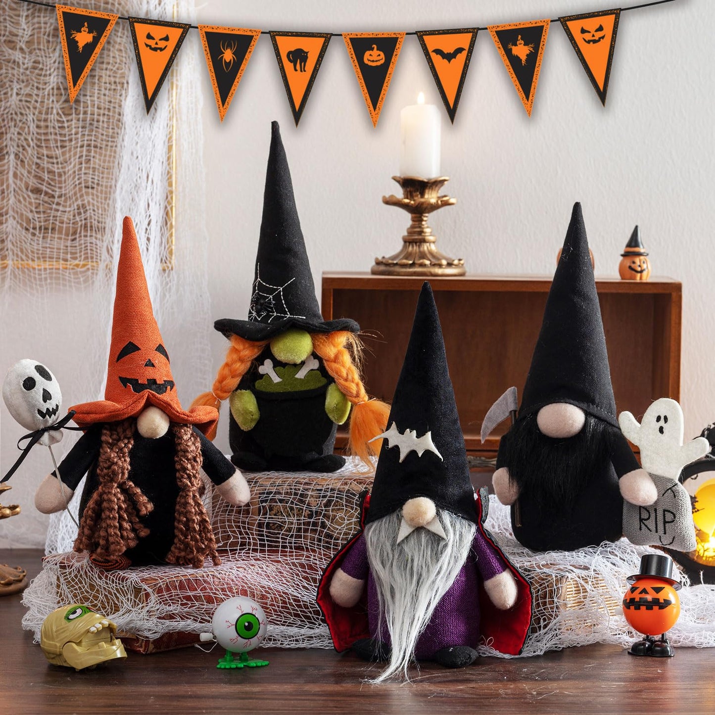 DraMosary Halloween Gnomes Plush Elf Decoration, 4PCS Handmade Reaper Witch Vampire Pumpkin Ghost Dolls for Halloween Table Ornament, Tiered Tray Decor, Party Favor, Trick or Treat