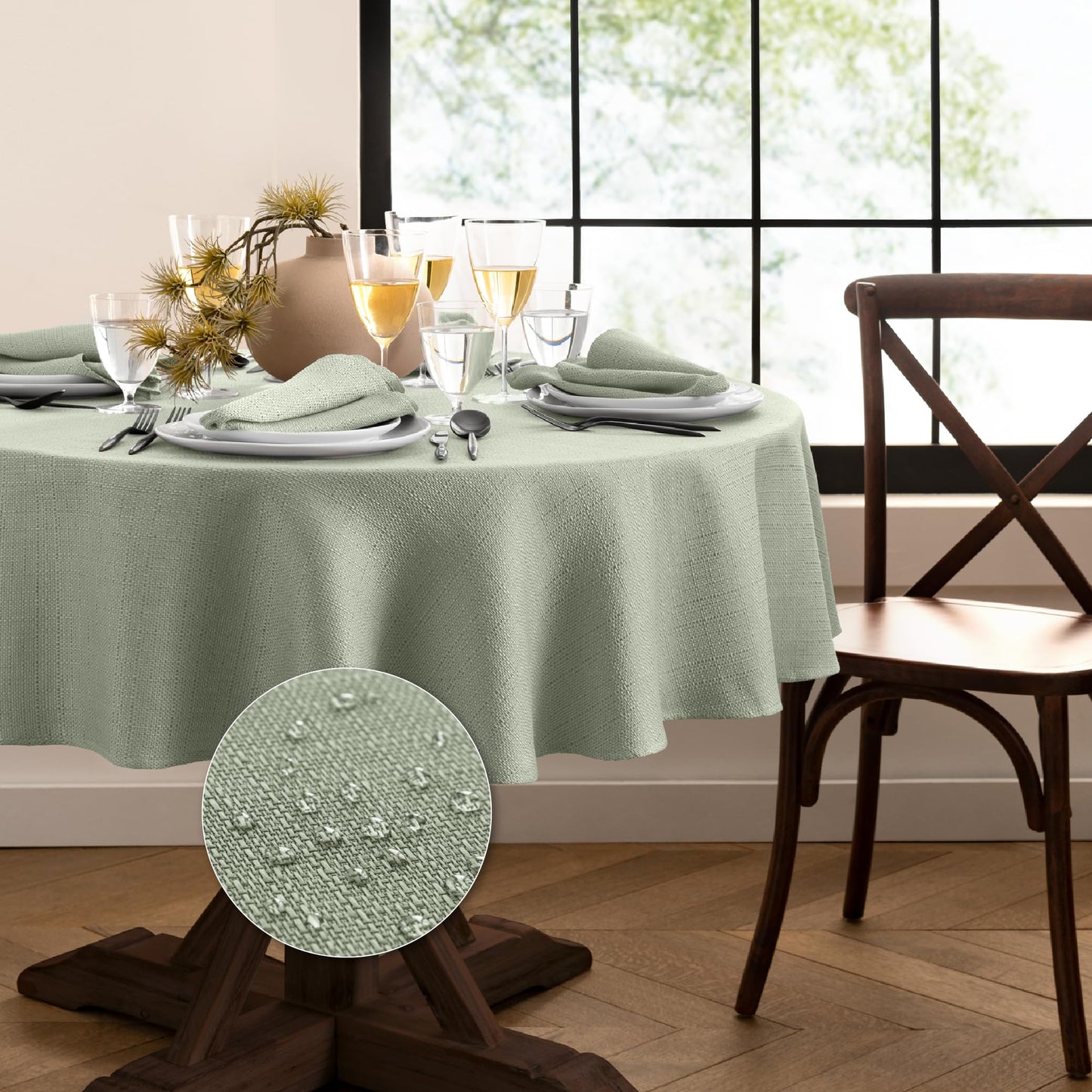 Elrene Home Fashions Laurel Solid Texture Water and Stain Resistant Tablecloth, 70" Round, Sage
