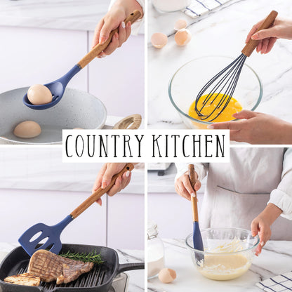Country Kitchen Non Stick Silicone Utensil Set with Rounded Wood Handles for Cooking and Baking, 8 Piece Set, Navy