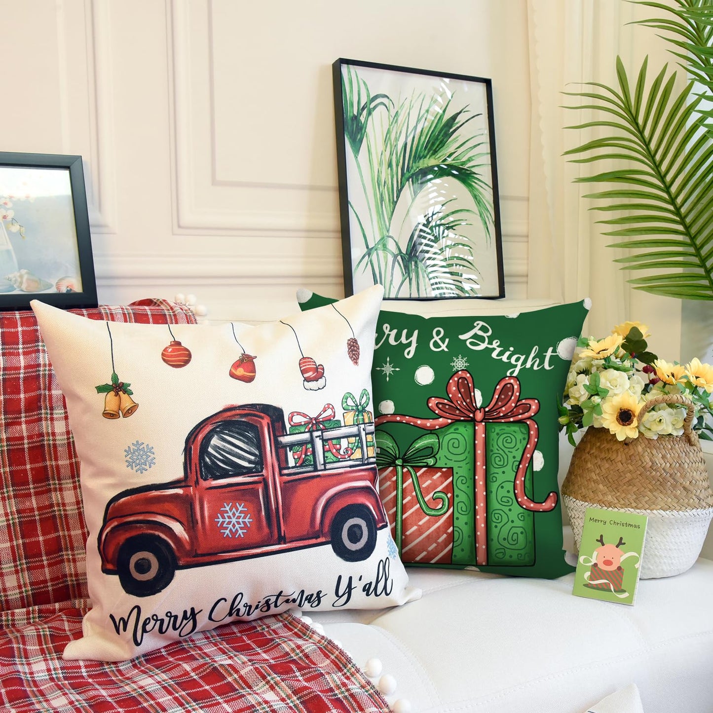 Coliuso Christmas Throw Pillow Covers 18x18 Set of 4 Xmas Series Holiday Cushion Pillow Cover Christmas Decorations for Sofa Couch Bed Farmhouse Outdoor Living Room (Red and Green)