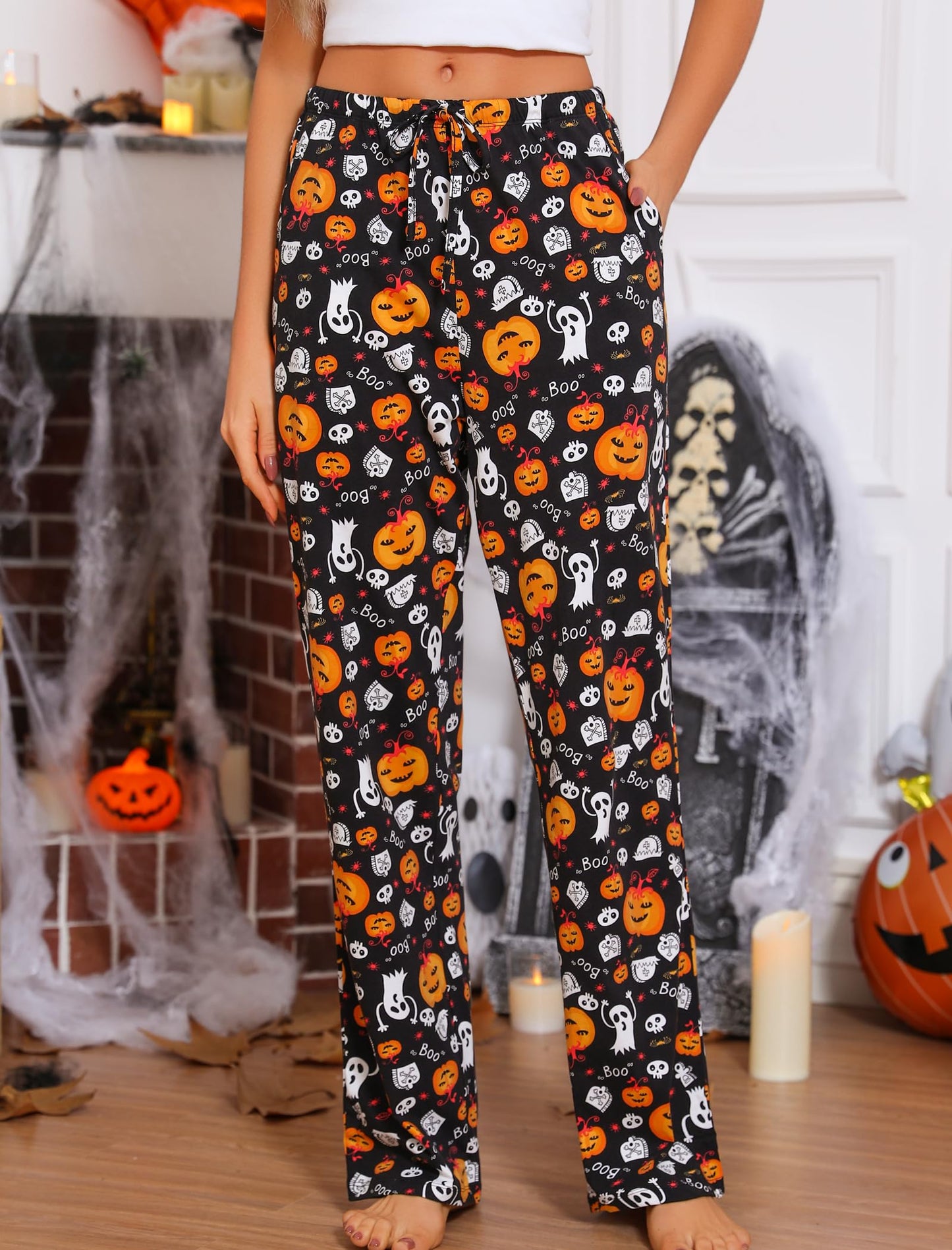 ENJOYNIGHT Women Cotton Lounge Pants Comfy Pajama Bottoms With Pockets&Drawstring(Black Pumpkin, Medium)