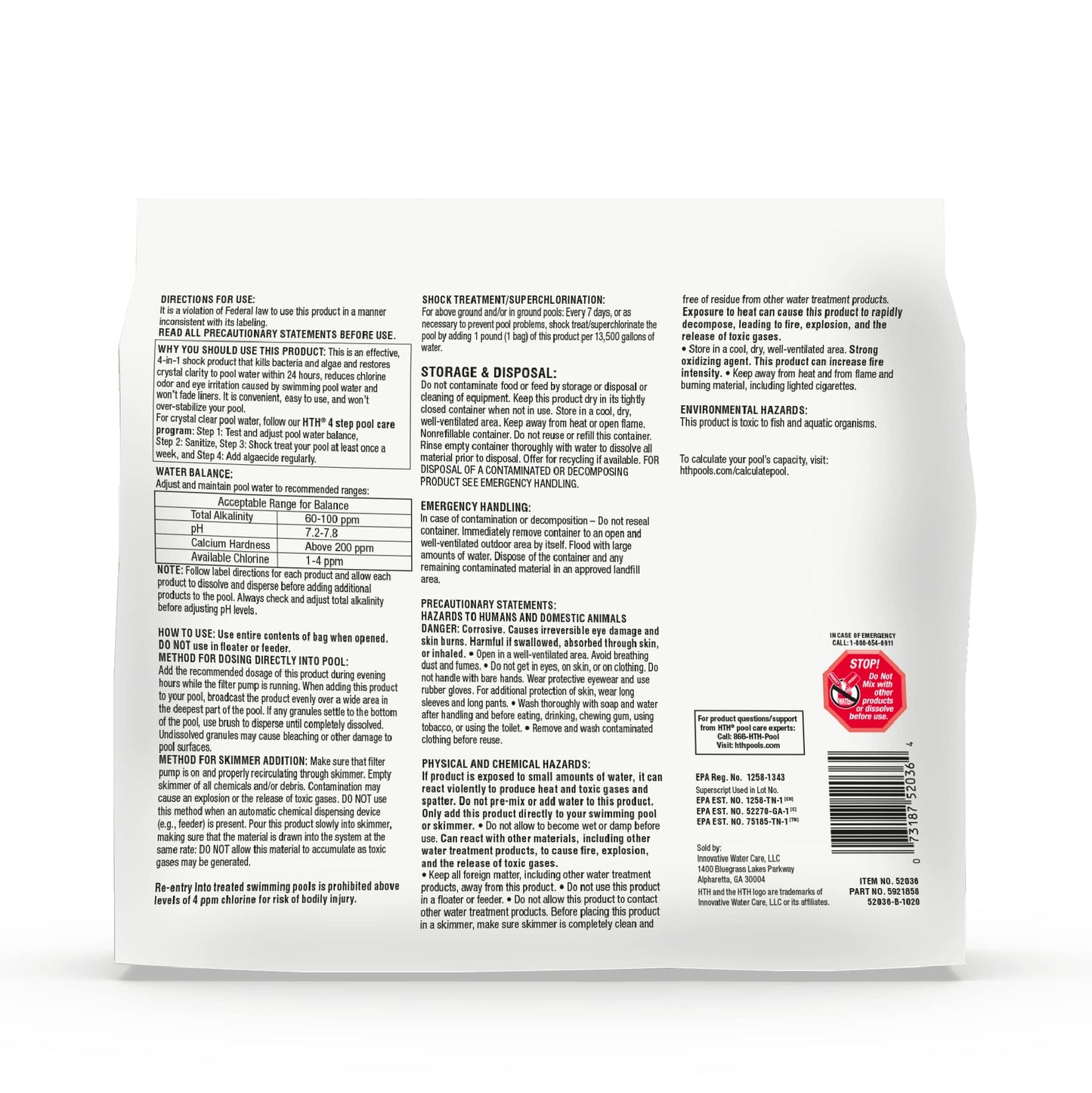 HTH 52036R Pool Care Shock Advanced, Swimming Pool Chemical - Cal Hypo Formula, Prevents Bacteria & Algae, Restores Crystal Clear Water - Shock Treatment, (6 Pack)