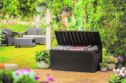 Keter Cushion Box, Rainproof, Balcony Springwood Cushion Storage Box, Brown, 123 x 53.5 x 57 cm, 305 L, 17202488