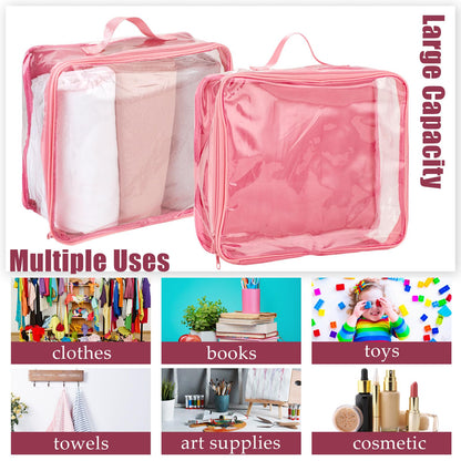 6 Pieces Large Clear Travel Packing Cube Clear Vinyl Zippered Storage Bags See Through Moving Bag PVC Multipurpose Pouch with Handle for Suitcase Shirts Dress Storage (Pink,11.8 x 10.2 x 3.9 Inch)