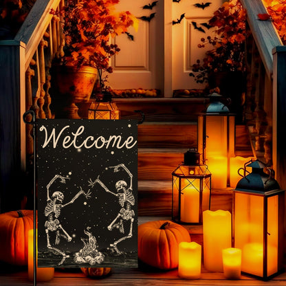 Cryfox Halloween Skull Welcome Garden Flags 12 x 18 Inch Dancing Human Skeletons Garden Flag for Outside Black Yard Flags Double Sided for Lawn Outdoor Decorations