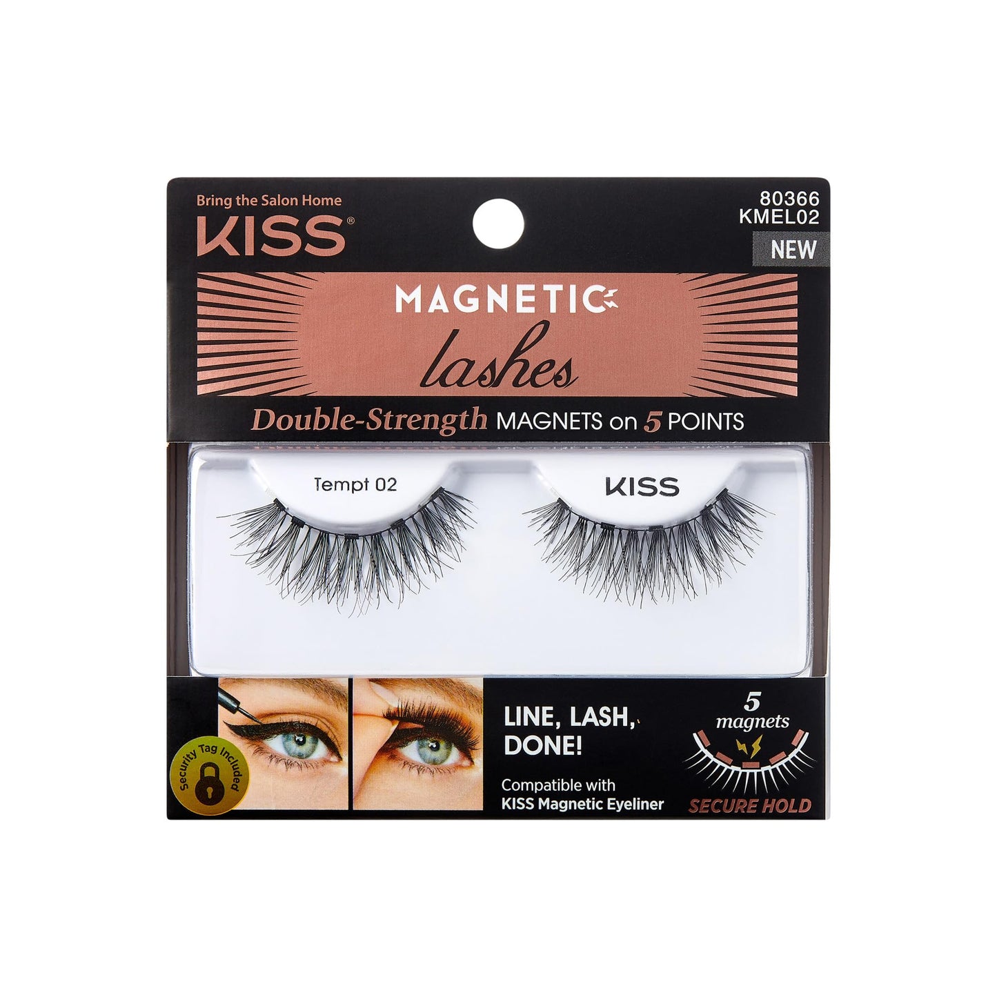 KISS Magnetic Lashes, Tempt, 1 Pair Synthetic False Eyelashes With 5 Double Strength Magnets, Wind Resistant, Dermatologist Tested Fake Lashes Last Up To 16 Hours, Reusable Up To 15 Times Black