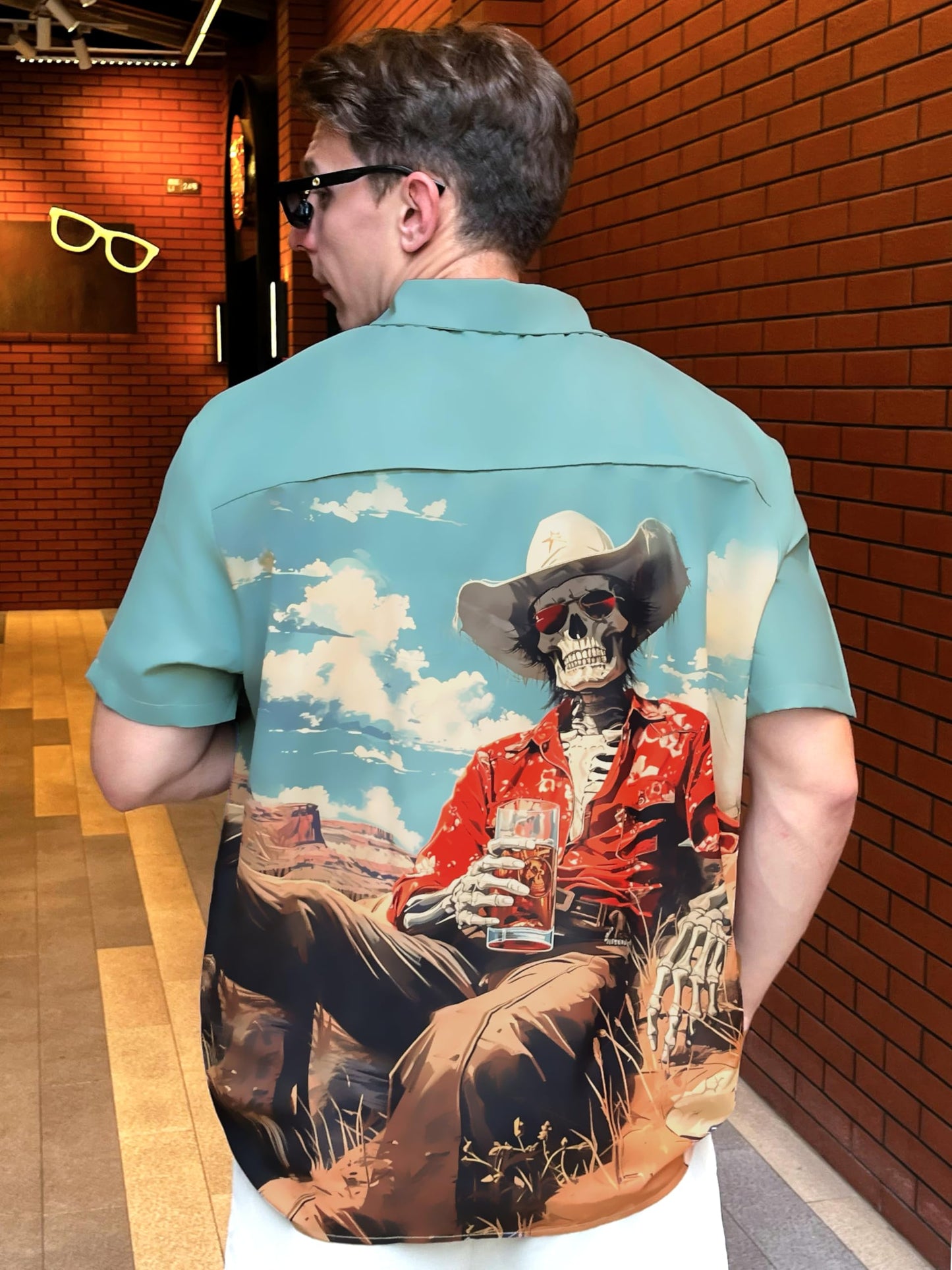 DADDYLOCO Western Skeleton Print Button Down Shirt, Short Sleeve, Regular Fit, Mint Green