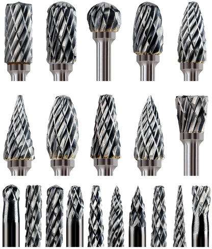 20 Pcs Carbide Burr Bits 1/8" Shank Compatible with Dremel Milwaukee Metal Grinding Wood Stone Steel Carving Cutting Engraving Grinder Kit Attachment Rotary Tool Accessories Set Harder than Diamond