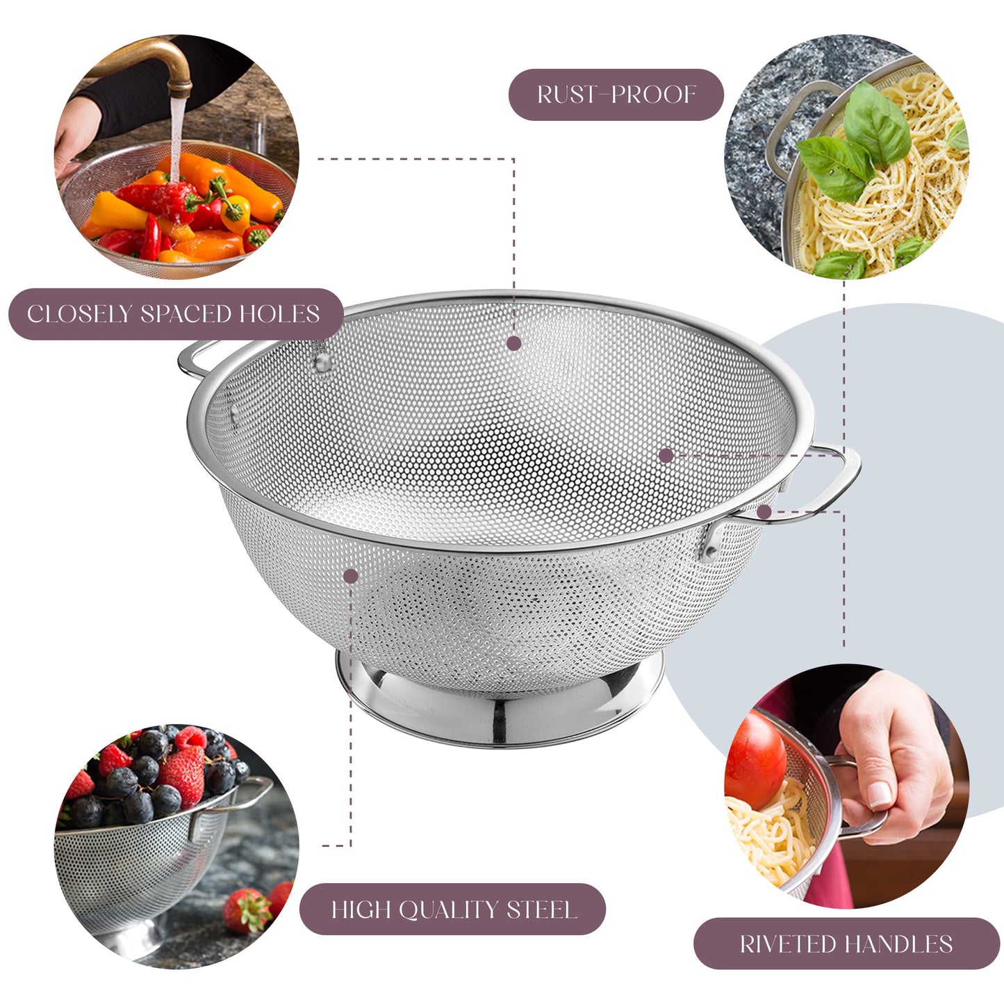 Bellemain Colander for Kitchen – 5 Qt Stainless Steel Strainer with Handle - 18/8 Pasta Strainer Bowl for Pasta, Spaghetti, Vegetables, Fruit, and Pot Draining - Stainless Steel Colander