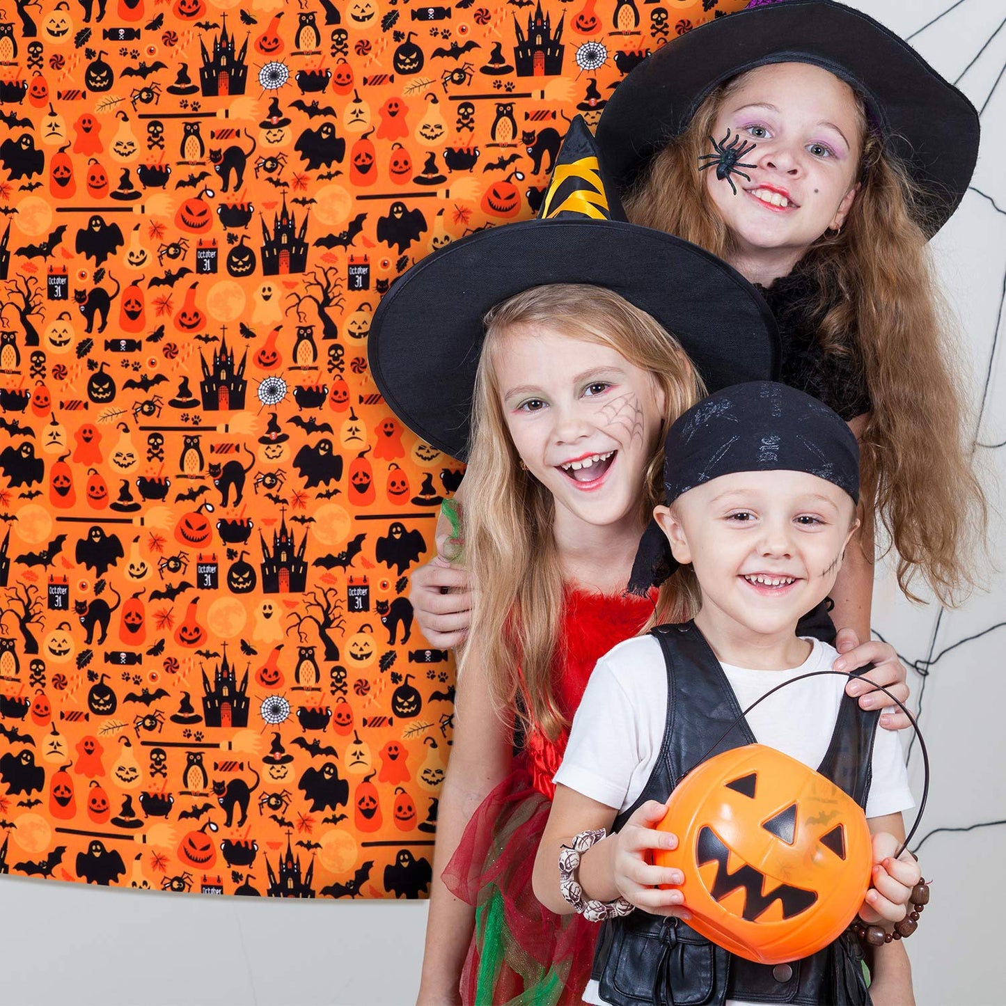 Halloween Fabric 1 Yard Ghost Pumpkin Cats Pattern Halloween Orange Printed Fabric for Sewing Quilting Apparel Crafts Home Decor Supplies (1 Piece)