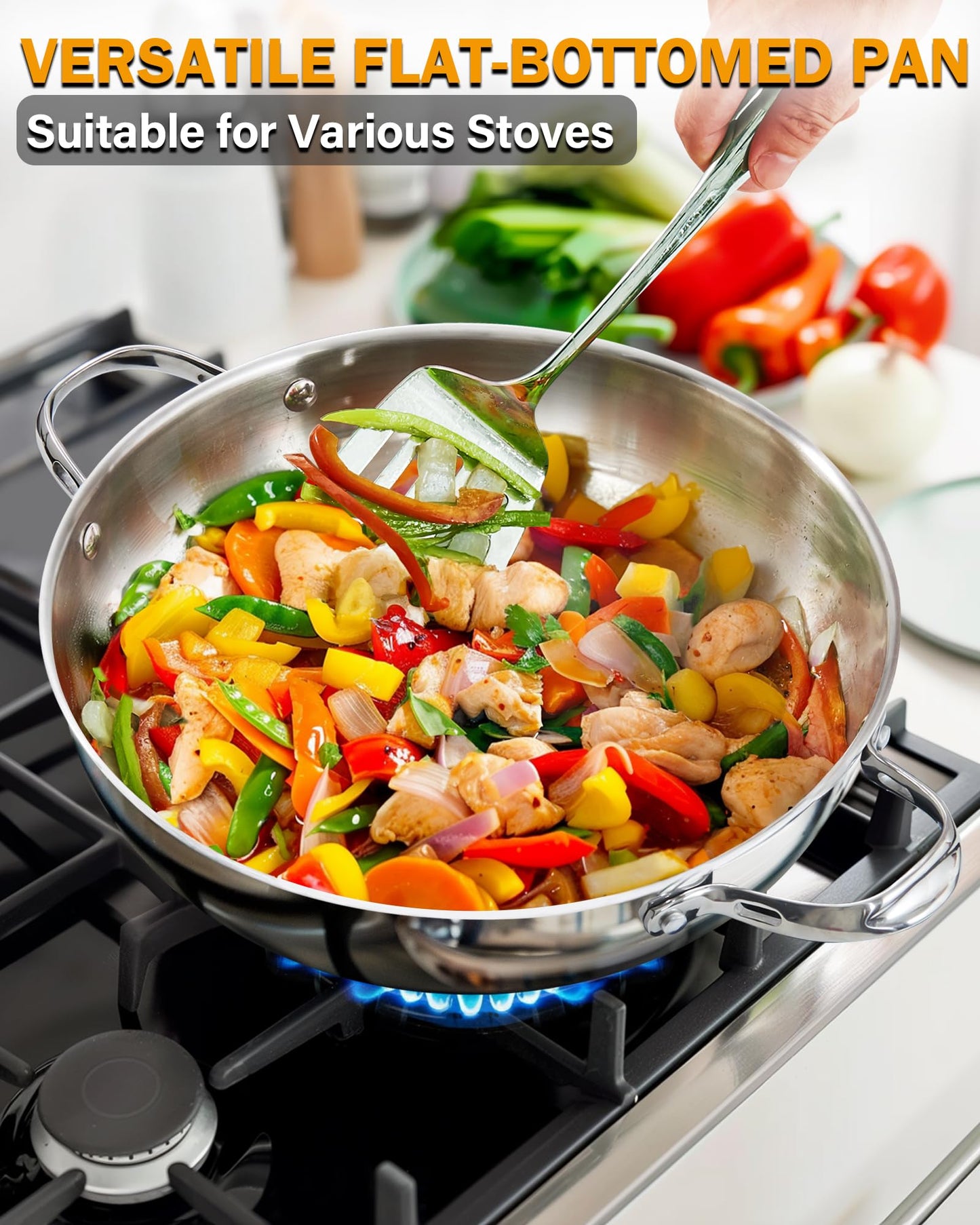 Cooks Standard Multi-Ply Clad Stainless Steel Wok Stir Fry Pan with Glass Lid, 12-inch large Stainless Steel Deep Frying Pan, Everyday Chef's Pan Flat Bottom Wok Induction Cookware