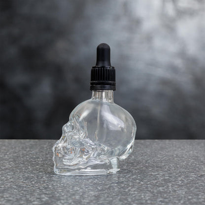 Cornucopia Skull Glass Dropper Bottles (2-Pack, 2oz, Clear); Bitter Flavor Tattoo and Beard Oil Dispenser