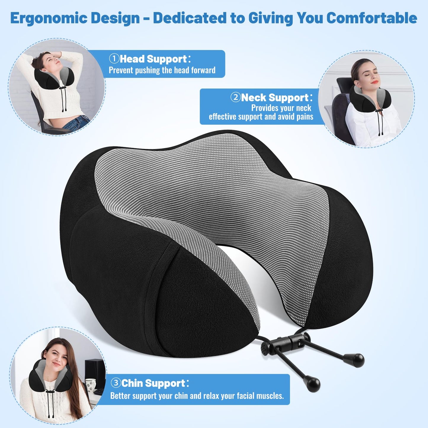 CloudBliss Travel Pillow Premium Memory Foam, Comfortable & Supportive Neck Pillow, Sleeping Neck Pillows for Travel, Airplane Pillow for Sleeping Airplane, Car, Office and Home（Black）