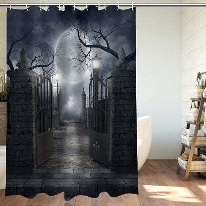 DePhoto Halloween Shower Curtain for Bathroom Scary Night Courtyard Door Spooky Moon Horrifying Dead Tree Street lamp Poliester Water Proof Fabric Decoration with 12Hooks 72x72inch