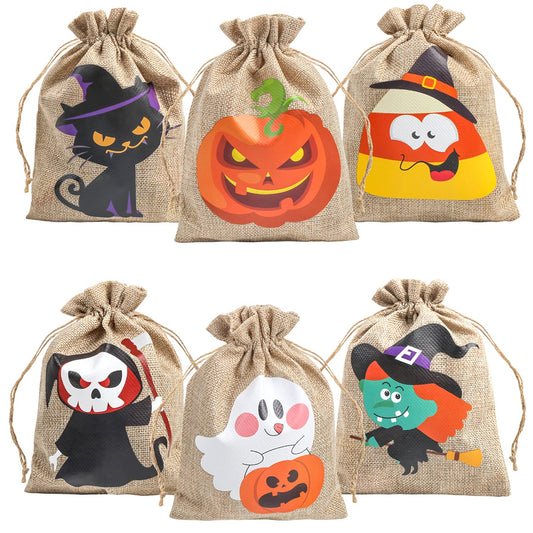 DERAYEE Halloween Burlap Treat Bags with Drawstrings, 6"x 8" Gift Candy Bags Goodie Bag for trick or treat Kids Halloween Party Favor 18Pcs