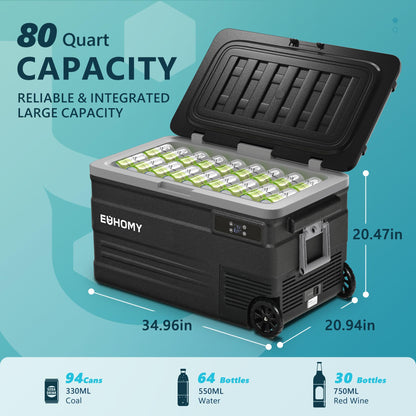 EUHOMY 12 Volt Refrigerator, 80QT(75L) 12V Fridge, Electric Cooler APP Control, Car Fridge 12/24V DC 110-240V AC, Car Refrigerator 0℉~68℉, 12 Volt Cooler for Camping, Trip, Truck, Boating, Outdoor