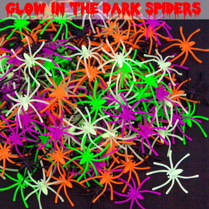 150PCS Plastic Spiders Halloween Small Plastic Spiders Fake Spiders Realistic Spider Toys Prank Props for Home and Party Decor, 2 x 1.8 Inches, Black, Green, Orange, Purple, Glow in The Dark Spiders
