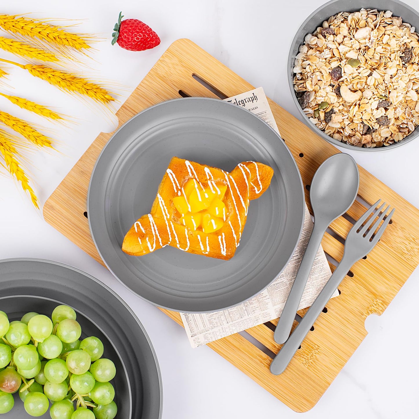 EI 42pcs Wheat Straw Dinnerware Set,Reusable Plastic Plates Unbreakable,Plates and Bowls Sets for College Dorm Room,Camping,Picninc,Halloween