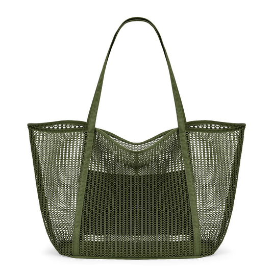 KALIDI FANCY FOREST Beach Mesh Tote Bag, Womens Shoulder handbag MAX 27L Grocery Bag Army Green