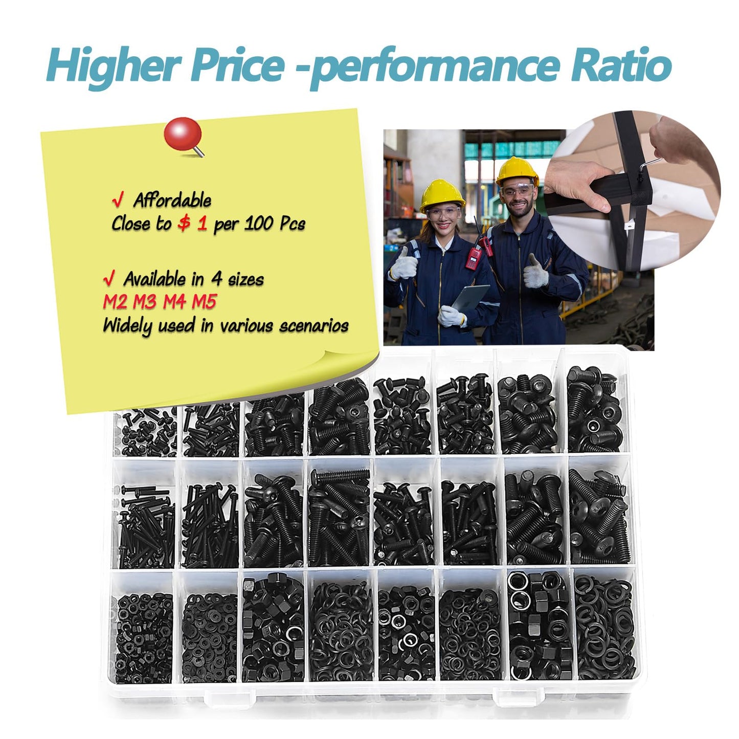 Kadrick Metric Screw Assortment, 2000PCS Metric Bolt Assortment Kit M2 M3 M4 M5 Machine Screws with Lock & Flat Washers, Grade 10.9 Alloy Steel Hex Socket Button Head Black Screws Nuts and Bolts Kit