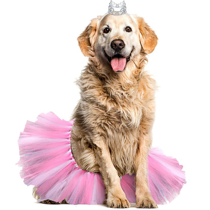 2 Pcs Dog Crown Headband Dog Tutu Dress Set Crystal Rhinestone Tiara Crown Tutu Skirt Pet Dress Costume for Puppy Birthday Party Wedding Photo Prop Costume(Large,Rose Red, White)