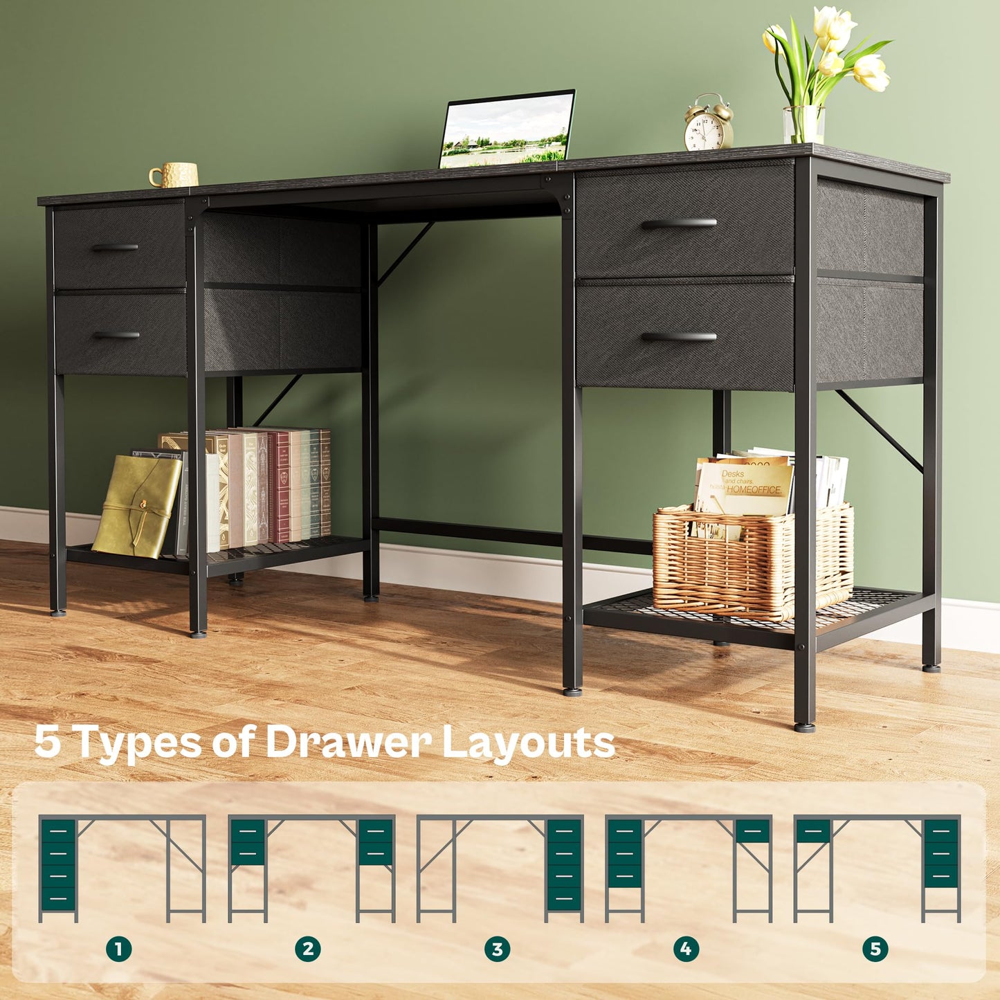 Huuger 63 Inch Computer Desk with 4 Drawers, Mesh Shelf, Gaming, Large Storage, Writing Work Desk for Home, Study, Bedroom, Work from Home, Black