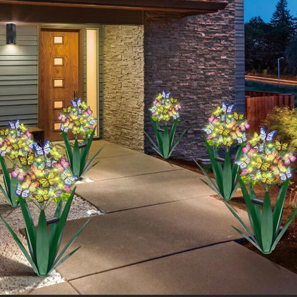 Homight Solar Metal Agave Butterfly Flower Stick Garden Sculpture - Outdoor Christmas Lights With Swaying Butterfly Sunflower - Solar Outdoor Gift (3 PCS Green)