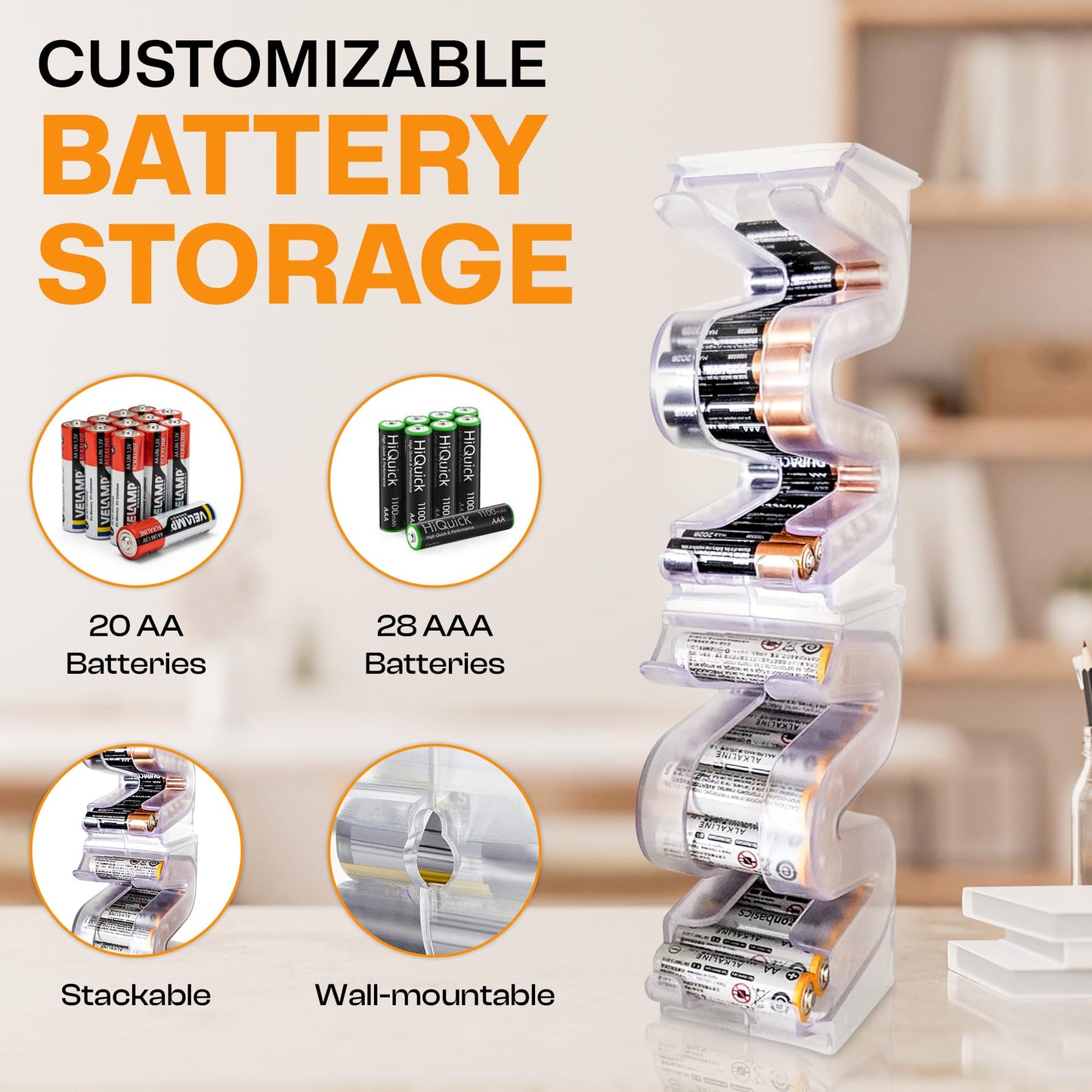 Kalinar Battery Ladder™ for 20 AA & 28 AAA Batteries | Vertical Storage Case & Dispenser | Stackable Expandable Wall Mount Holder Combo (AA & AAA, 2 Pack)