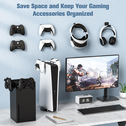 KUNSLUCK 6 Pack Controller Wall Mount – Universal Game Controller Holder for PS5, Xbox, Switch – Adhesive or Screw Installation – Headset & Controller Storage Hook (Black)