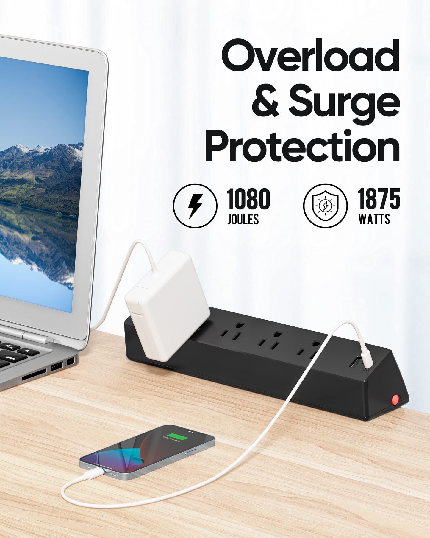 Desk Clamp Power Strip, 1875W Surge Protectors with 2 USB A, 2 USB C Ports, 4 AC Outlets, Desk Mount Charging Station, Fit 1.7 inch Tabletop Edge Thick, Desktop Outlets for Home Office.