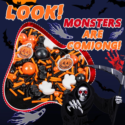 Edible Halloween Pumpkin Sprinkles,Orange Pearls Mix White Ghost,130g/4.58oz,Black Bat Monster,Pearls and Jimmies Mixed,Perfect for Cake Decorations, Baking, Ice Cream, Cookies, Cupcake Topper,Halloween Thanksgiving Children's Party Supplies