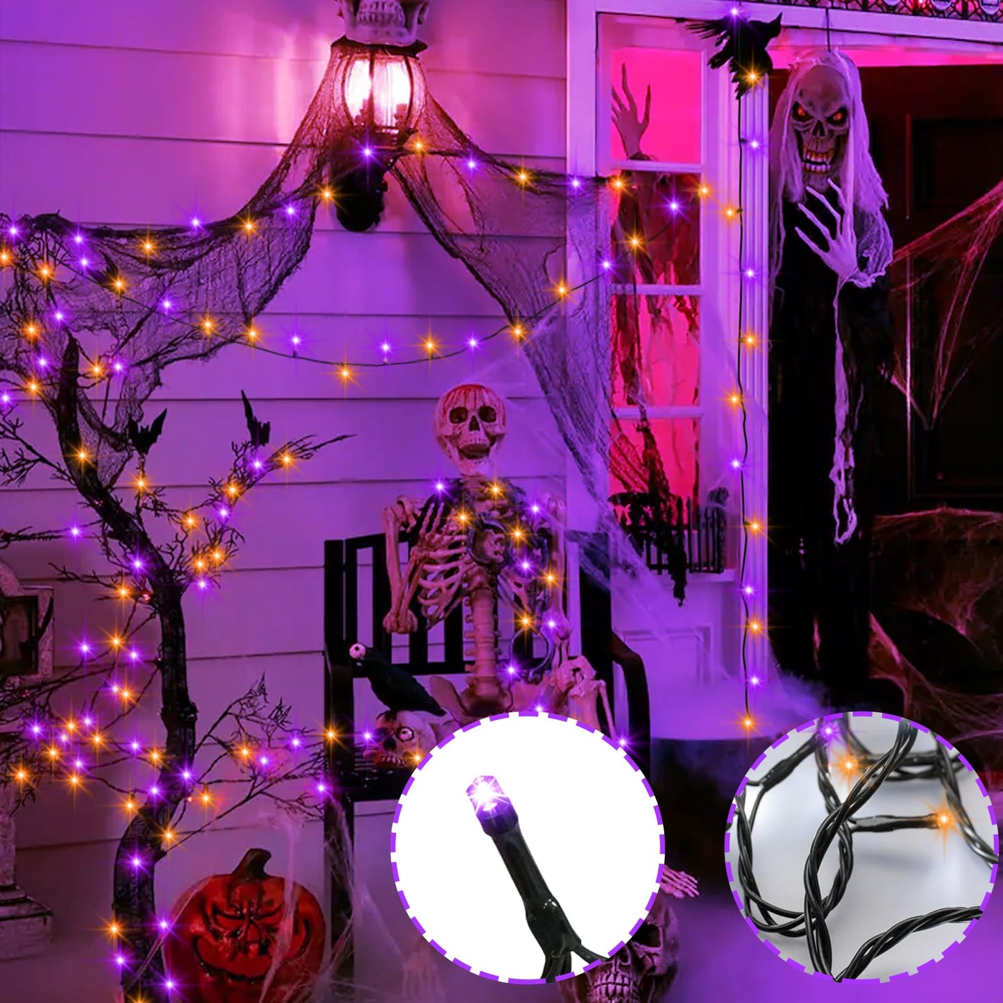 4 Pack Orange Purple Halloween String Lights Battery Operated, Each 16.4Ft 50 LED Indoor Halloween Lights with Timer 8 Modes for Party Yard Patio Decoration