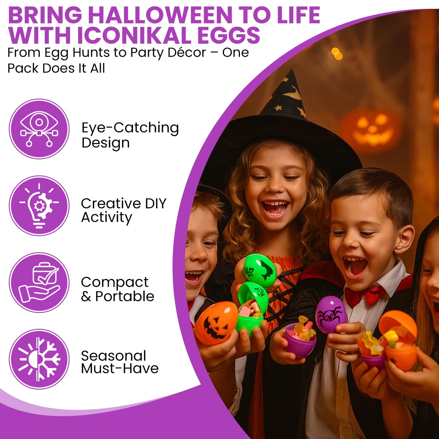 Iconikal 72-Count Halloween Eggs - Durable Plastic Holiday Treat Containers in Orange, Neon Green, and Purple Featuring 6 Different Fun Designs (2.3 x 1.6)
