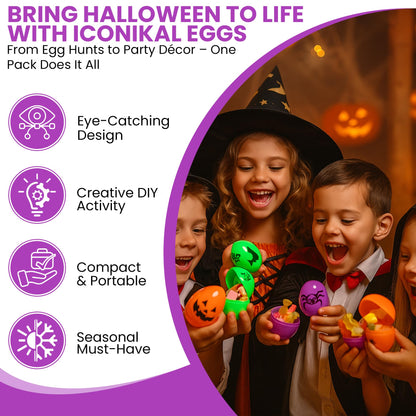 Iconikal 72-Count Halloween Eggs - Durable Plastic Holiday Treat Containers in Orange, Neon Green, and Purple Featuring 6 Different Fun Designs (2.3 x 1.6)
