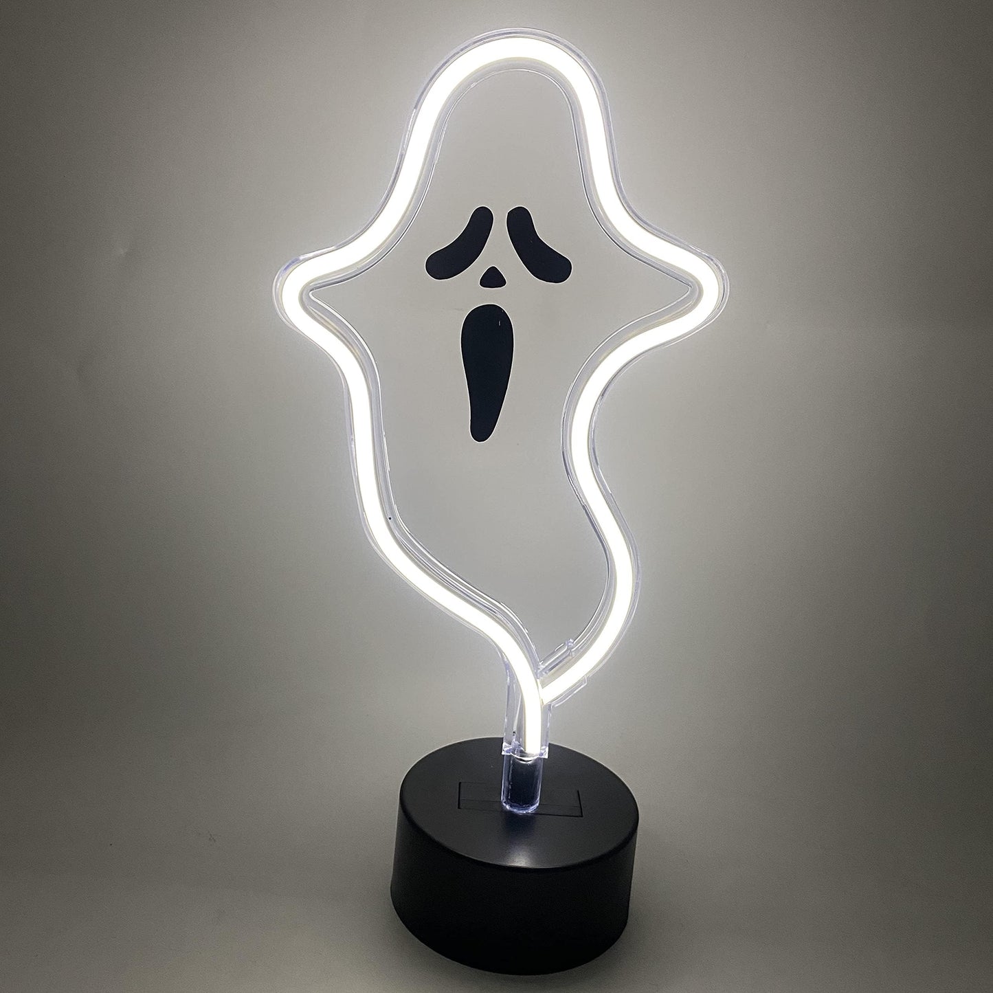 Halloween Ghost Neon Sign, Spooky White Ghost Novelty Light Table Decor, USB or Battery Powered Halloween Light for Bedroom, Kitchen, Party Decorations