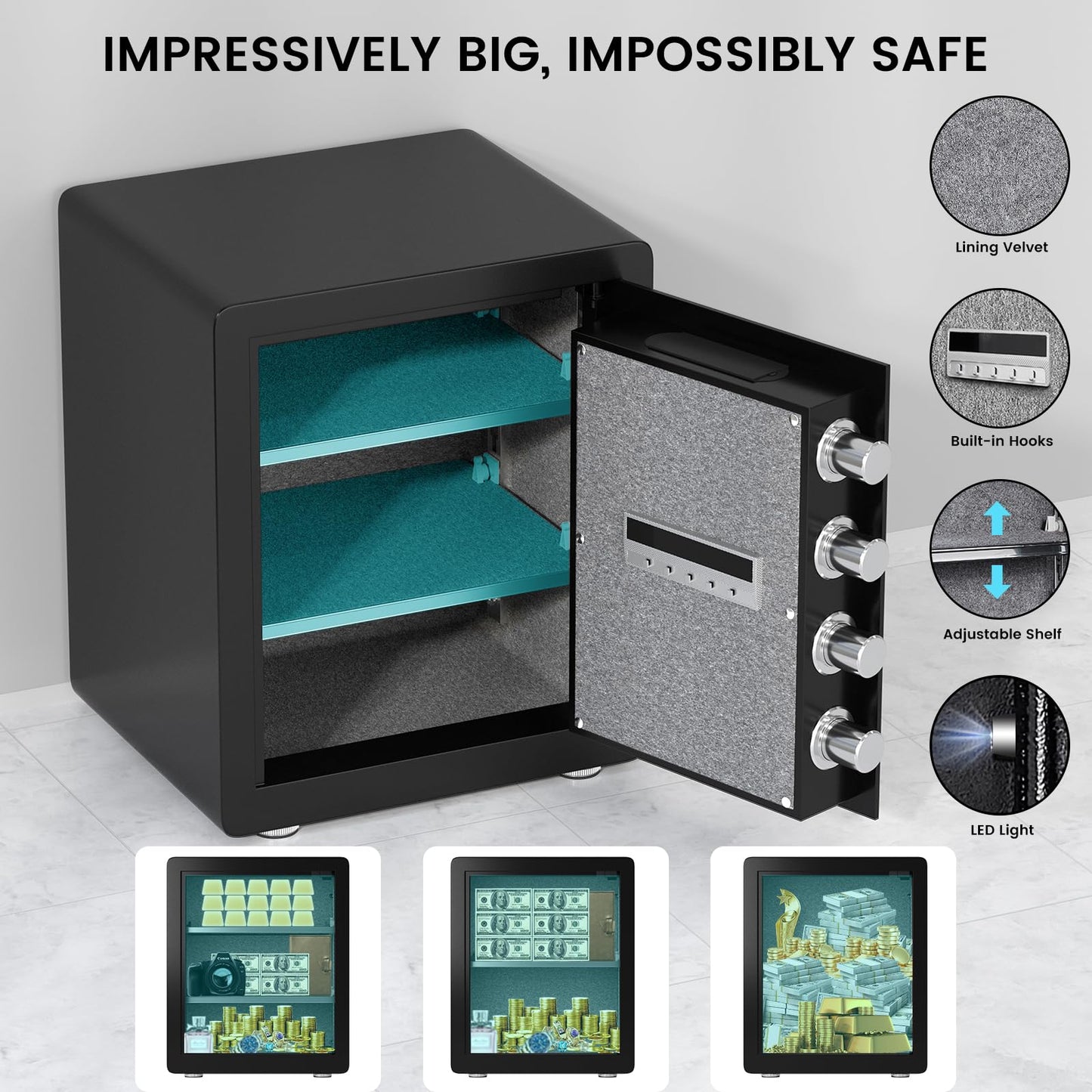 Kavey 2.0 Cub Biometric Safe Box, Fingerprint Safe with Backlit Touch Screen Keypad and Dual Alarm System, Steel Security Lock Box With Mute Function and LED Light, 12.59"D x 14.96"W x 17.72"H