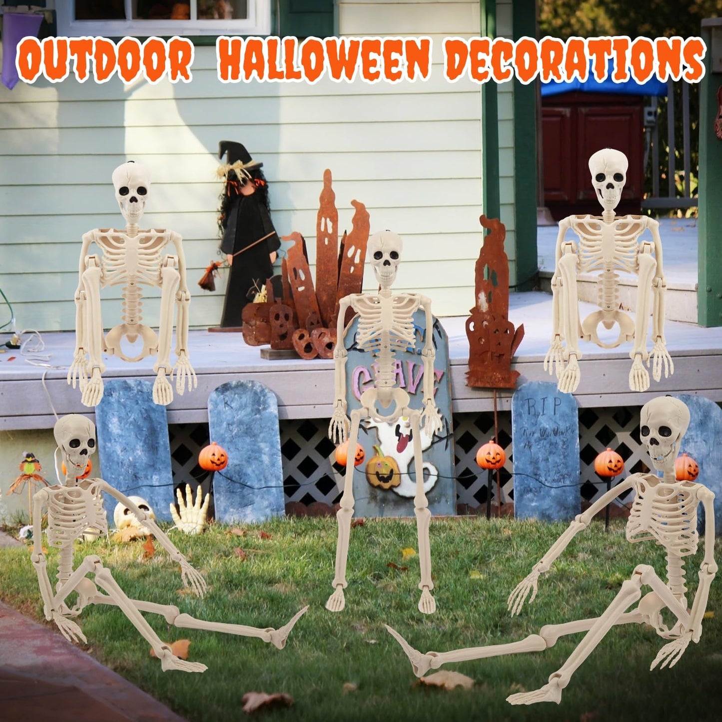 2 Pack 36 Inches Halloween Skeleton Decoration, 3 FT Light Up Halloween Skeletons Full Body with Movable Posable Joints for Decor Outdoor Indoor Yard Garden Lawn (with White Light)