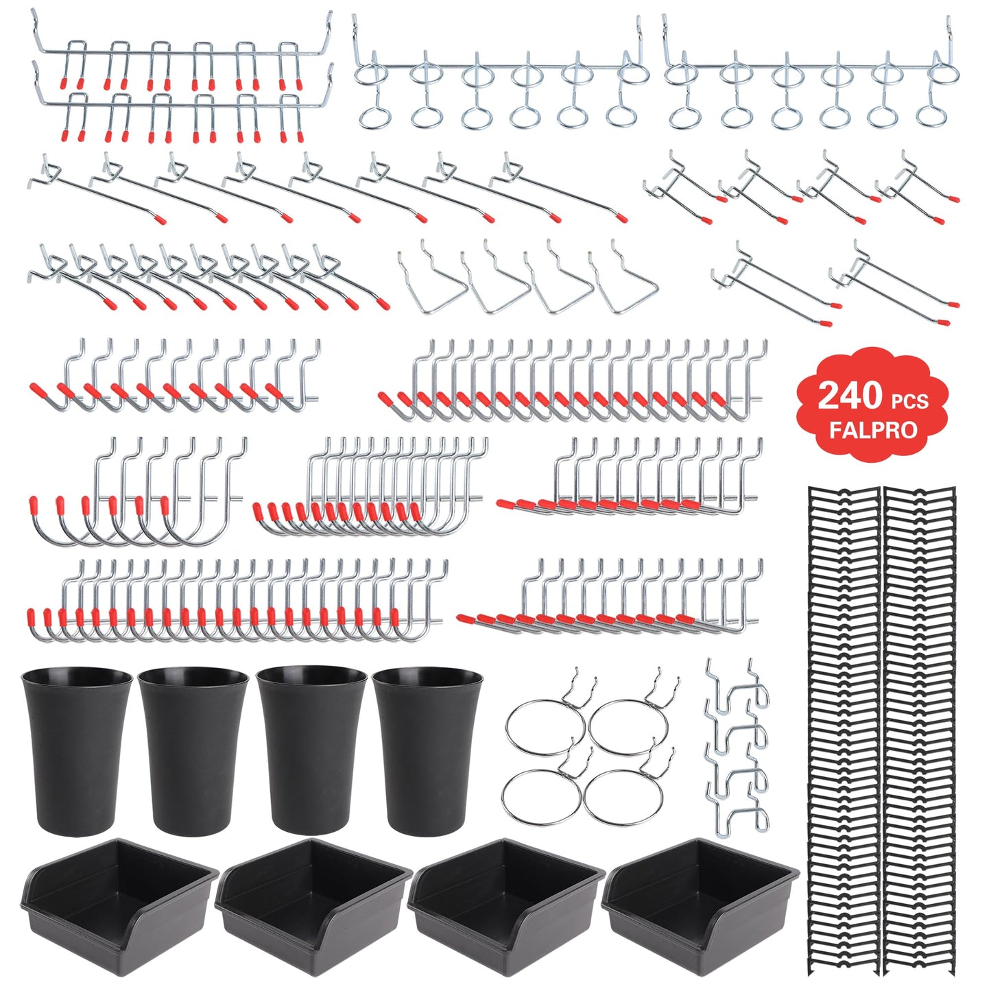 FALPRO 240PCS Pegboard Hooks Assortment, Pegboard Organizer Kit with Bins, Cups, 1/8 and 1/4 inch Hooks for Hanging Tools, Garage Wall Organization