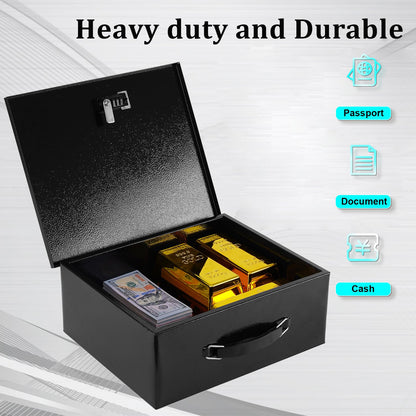 Dalmbox Portable Metal Safe Box with Dual Combination and Key Lock - Fire Resistant Storage for Documents, Car, Home and Outside - X Large 13.2"x 11"x 5.1" Black Box