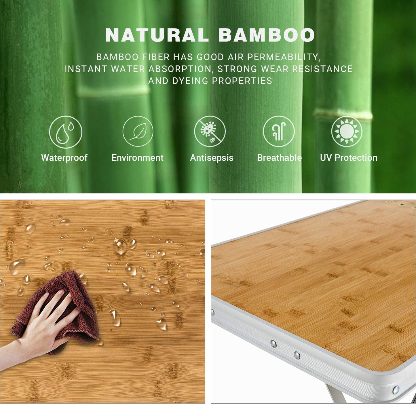 KingCamp Adjustable Height Folding Table, Bamboo Camping Outdoor Portable RV Camp Table with Carry Handle & Leg Storage for Outdoor Car Backyard Picnic Tailgating Beach